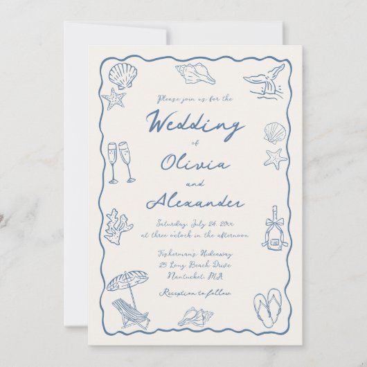Whimsical Doodle Hand Drawn Coastal Beach Wedding 招待状 (正面)
