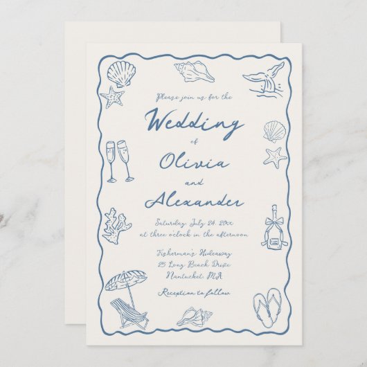 Whimsical Doodle Hand Drawn Coastal Beach Wedding 招待状 (正面/裏面)