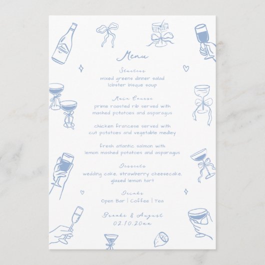  Whimsical Doodle Hand Drawn Dusty Blue Wedding メニュー (正面)
