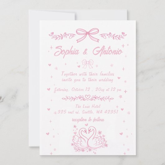 Whimsical Doodle Hand Drawn Pink Swans Wedding 招待状 (正面)