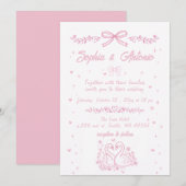 Whimsical Doodle Hand Drawn Pink Swans Wedding 招待状 (正面/裏面)