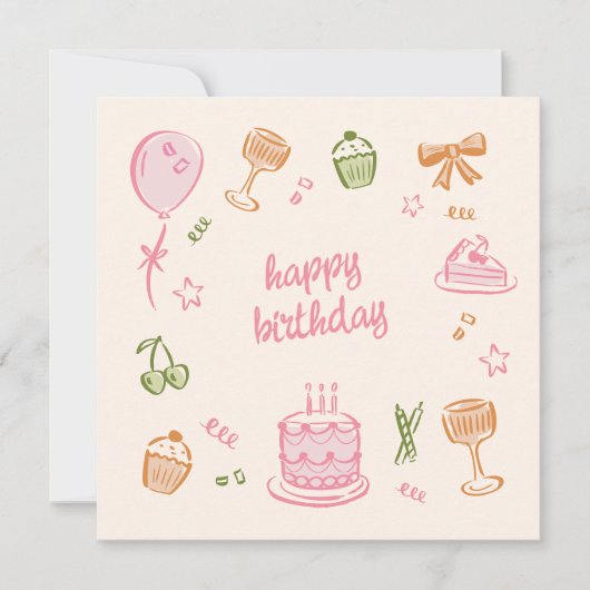 Whimsical Doodle Sketches Happy Birthday カード (正面)