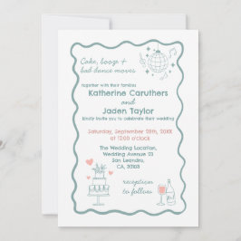 Whimsical doodle styled blue wedding Invitation 招待状