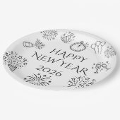 Whimsical Doodles Black Happy New Year 2026 ペーパープレート (アングル)