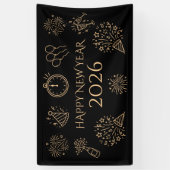 Whimsical Doodles Gold Black Happy New Year 2026 横断幕 (縦)