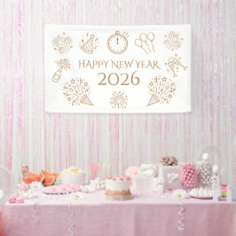Whimsical Doodles Gold Text Happy New Year 2026 横断幕