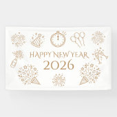 Whimsical Doodles Gold Text Happy New Year 2026 横断幕 (横)