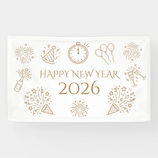 Whimsical Doodles Gold Text Happy New Year 2026 横断幕 (横)