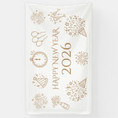 Whimsical Doodles Gold Text Happy New Year 2026 横断幕 (縦)