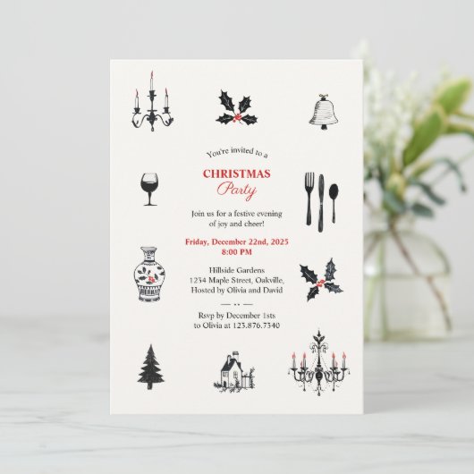 Whimsical Doodles Hand-Drawn Christmas Party  招待状 (スタンド正面)