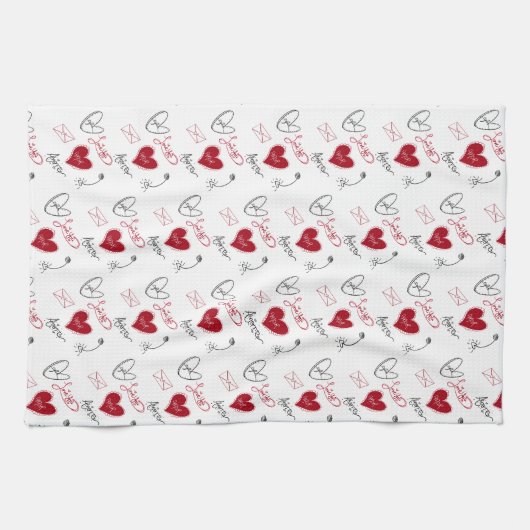 Whimsical Doodles Hand Drawn Valentines Day  キッチンタオル (横)