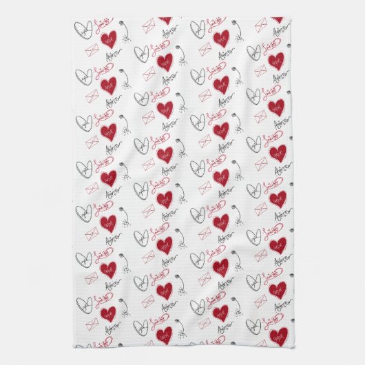 Whimsical Doodles Hand Drawn Valentines Day  キッチンタオル (縦)