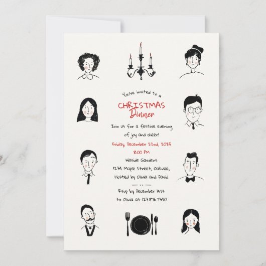 Whimsical Doodles Portraits Christmas Dinner 招待状 (正面)