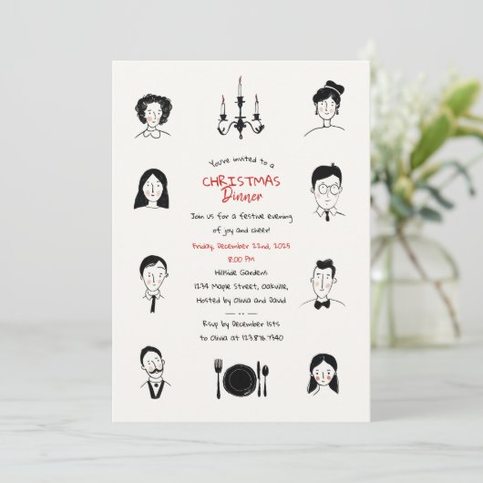 Whimsical Doodles Portraits Christmas Dinner 招待状 (スタンド正面)
