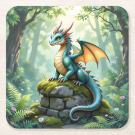 Whimsical Dragon on Ancient Stone スクエアペーパーコースター
