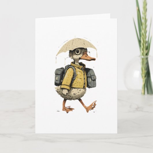 Whimsical Duck Walking in Rain Art カード (正面)
