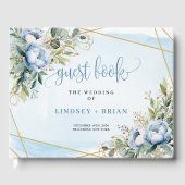 Whimsical Dusty Blue White Gold Peonies Guest Book ゲストブック (正面)
