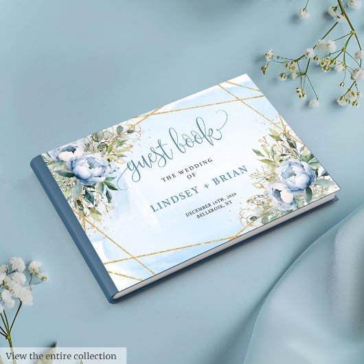 Whimsical Dusty Blue White Gold Peonies Guest Book ゲストブック