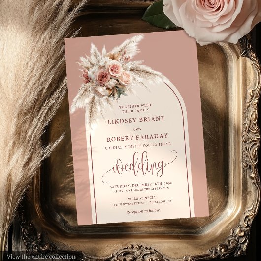 Whimsical Dusty Pink Pampas Arch Wedding Invites 招待状
