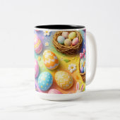 Whimsical Easter bunny and colourful egg pattern c ツートーンマグカップ (正面右)