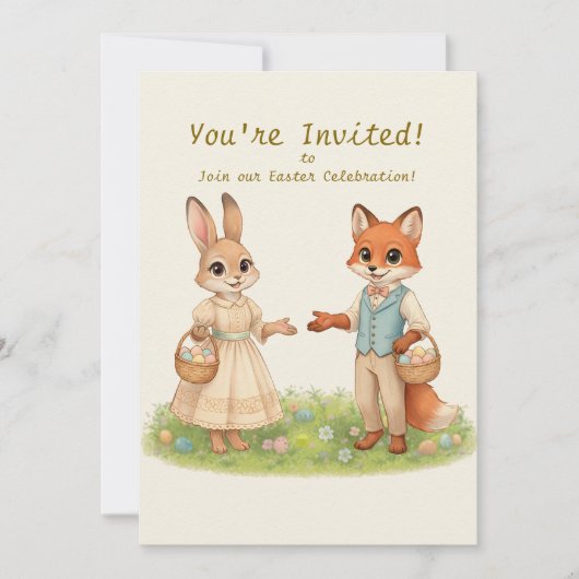 Whimsical Easter Bunny & Fox Party Invitation 招待状 (正面)