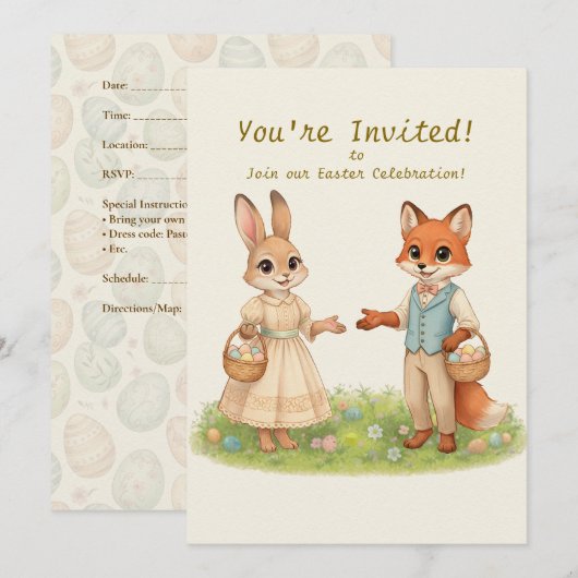 Whimsical Easter Bunny & Fox Party Invitation 招待状 (正面/裏面)