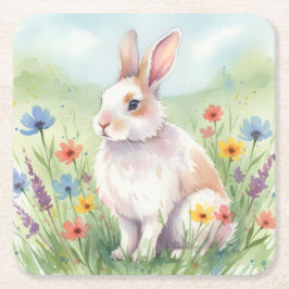 Whimsical Easter Bunny Spring coaster square スクエアペーパーコースター