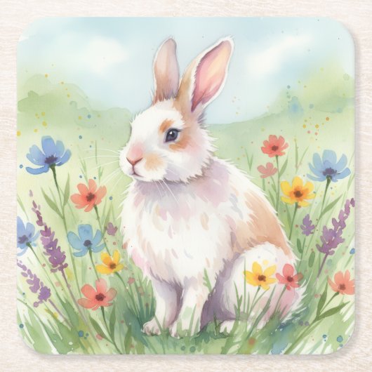 Whimsical Easter Bunny Spring coaster square スクエアペーパーコースター (正面)