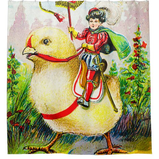 Whimsical Easter Greetings: Rider on Giant Chick シャワーカーテン (正面)