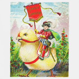 Whimsical Easter Greetings: Rider on Giant Chick フリースブランケット