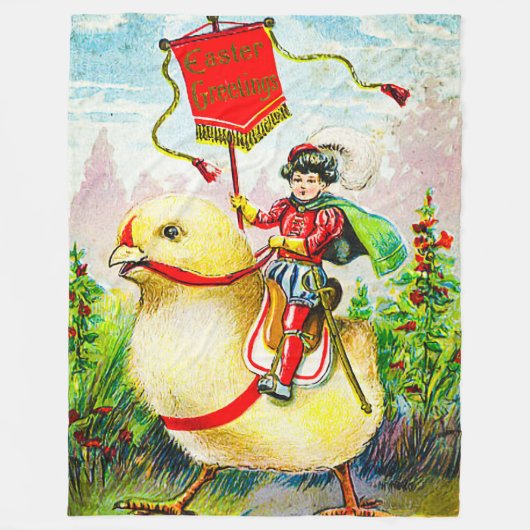 Whimsical Easter Greetings: Rider on Giant Chick フリースブランケット (正面)