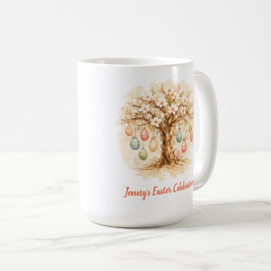 Whimsical Easter Mug with Blooming Tree and Eggs コーヒーマグカップ (正面右)