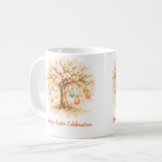 Whimsical Easter Mug with Blooming Tree and Eggs コーヒーマグカップ (正面左)
