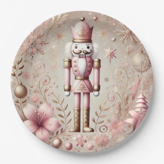 Whimsical Elegant Pink and Gold Pastel Nutcracker  ペーパープレート (正面)