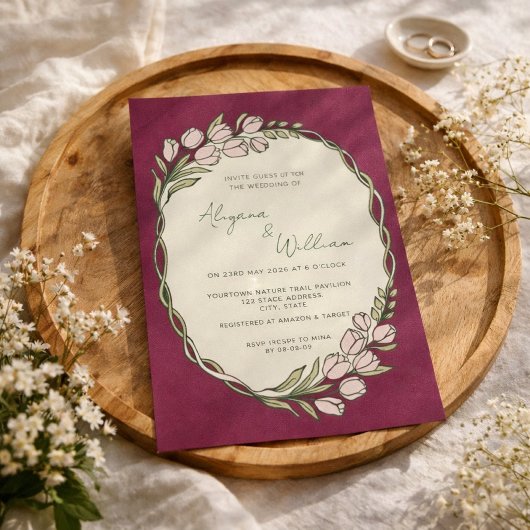Whimsical Elegant Purple Floral Border Wedding  招待状