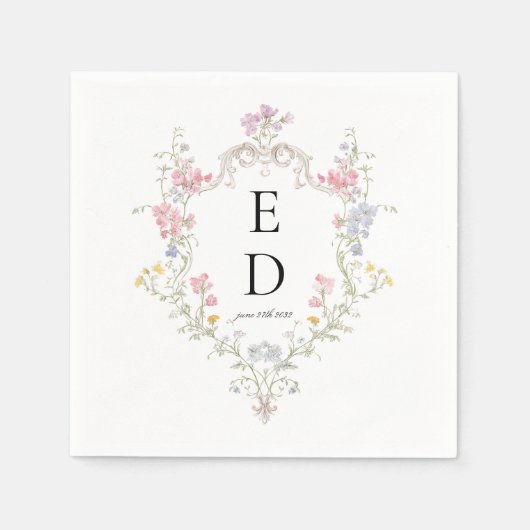 Whimsical Elegant Rococo Floral Crest Monogram スタンダードカクテルナプキン (正面)