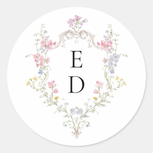Whimsical Elegant Rococo Floral Crest Monogram ラウンドシール (正面)
