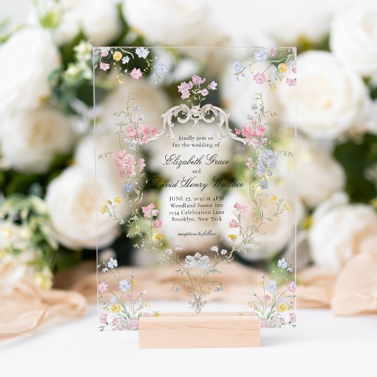 Whimsical Elegant Rococo Floral Crest Wedding アクリル招待状