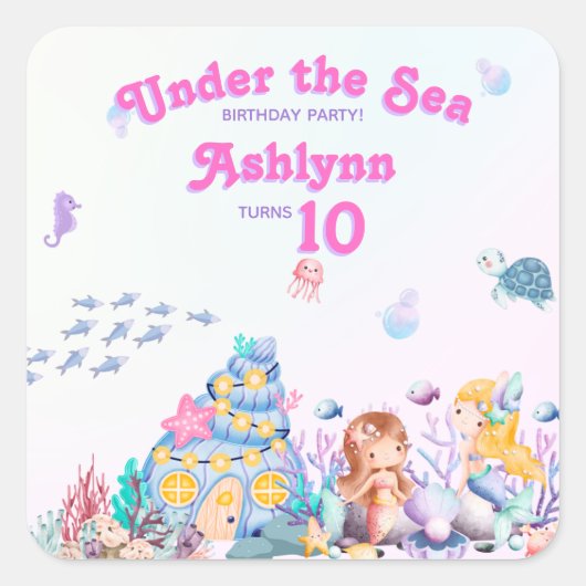 Whimsical Elegant Sweet Under the Sea Mermaid スクエアシール (正面)