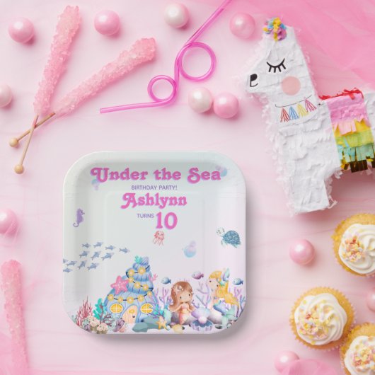 Whimsical Elegant Under the Sea Mermaid Square ペーパープレート (パーティー)