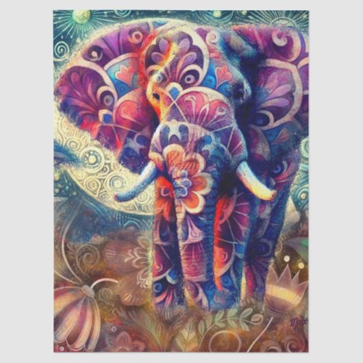 Whimsical Elephant at Night Stars Moon Decoupage 薄葉紙 (正面)