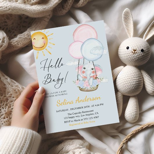 Whimsical Elephant Balloon Baby Shower Invitation 招待状