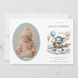 Whimsical Elephant Flying Baby Birth  Announcement 招待状