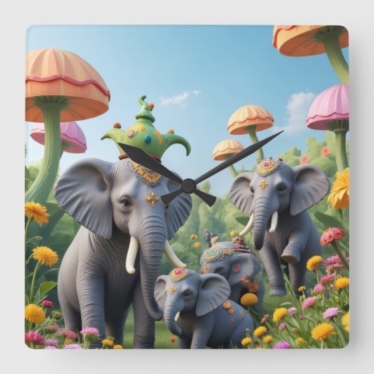 Whimsical Elephants Clock スクエア壁時計 (正面)