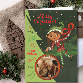 Whimsical Elf Girl Photo Christmas Card | Green シーズンカード