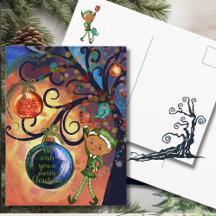 Whimsical Elf with Bird under a Tree Christmas 