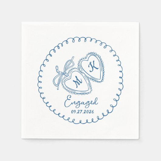 Whimsical Engaged Couple Blue Hearts Trendy Doodle スタンダードカクテルナプキン (正面)
