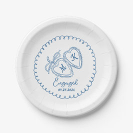 Whimsical Engaged Couple Blue Hearts Trendy Doodle ペーパープレート
