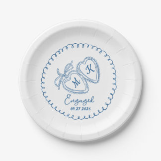 Whimsical Engaged Couple Blue Hearts Trendy Doodle ペーパープレート