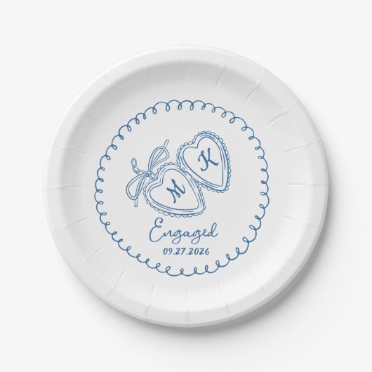Whimsical Engaged Couple Blue Hearts Trendy Doodle ペーパープレート (正面)